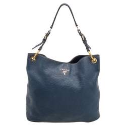 Pre Owned Prada Blue Vitello Daino Leather Cervo Hobo
