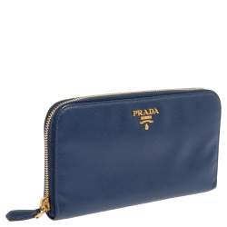 Pre Owned Prada Navy Blue Saffiano Leather Zip Around Wallet