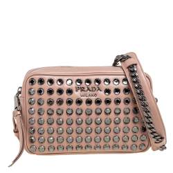 Pre Owned Prada Beige Leather Crystal Studded Camera Bag