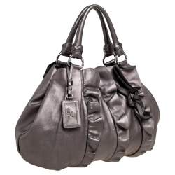 Pre Owned Prada Metallic Grey Ruffled Leather Hobo