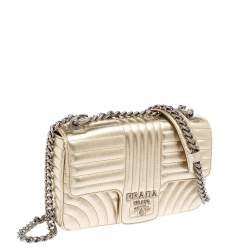 Pre Owned Prada Light Gold Diagramme Leather Medium Shoulder Bag