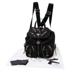 Pre Owned Prada Black Nylon Lightening Bolt Crystals Embellished Backpack