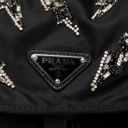 Pre Owned Prada Black Nylon Lightening Bolt Crystals Embellished Backpack