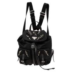 Pre Owned Prada Black Nylon Lightening Bolt Crystals Embellished Backpack