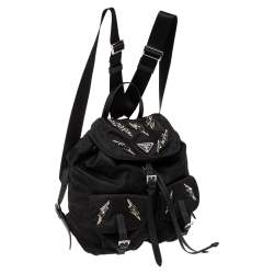 Pre Owned Prada Black Nylon Lightening Bolt Crystals Embellished Backpack