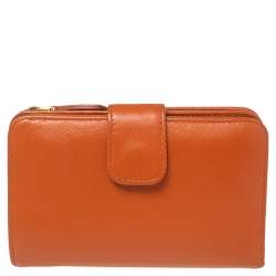 Pre Owned Prada Orange Saffiano Lux Leather French Flap Wallet