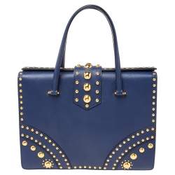 Pre Owned Prada Blue Saffiano Leather Studded Flap Tote