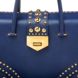 Pre Owned Prada Blue Saffiano Leather Studded Flap Tote