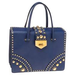 Pre Owned Prada Blue Saffiano Leather Studded Flap Tote