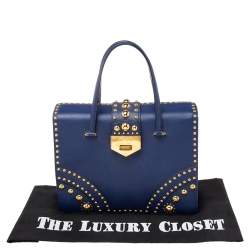 Pre Owned Prada Blue Saffiano Leather Studded Flap Tote