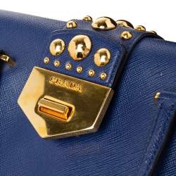 Pre Owned Prada Blue Saffiano Leather Studded Flap Tote