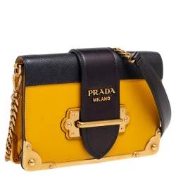 Pre Owned Prada Yellow/Black Leather Cahier Shoulder Bag