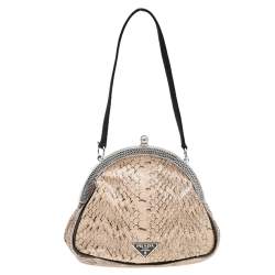 Pre Owned Prada Beige/Silver Python and Lizard Frame Clutch Bag