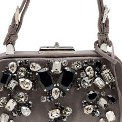 Pre Owned Prada Grey Satin Crystal Embellished Frame Top Handle Bag