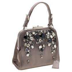 Pre Owned Prada Grey Satin Crystal Embellished Frame Top Handle Bag