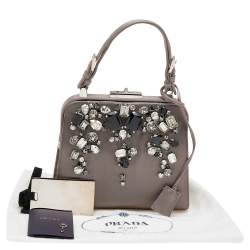 Pre Owned Prada Grey Satin Crystal Embellished Frame Top Handle Bag