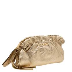 Pre Owned Prada Metallic Gold Gathered Leather Bow Clutch
