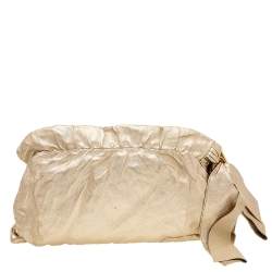 Pre Owned Prada Metallic Gold Gathered Leather Bow Clutch