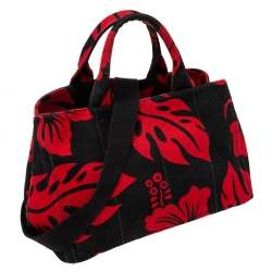 Pre Owned Prada Red/Black Hibiscus Print Canvas Canapa Tote