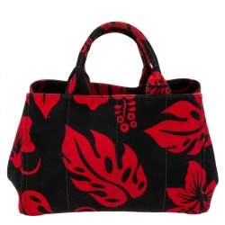 Pre Owned Prada Red/Black Hibiscus Print Canvas Canapa Tote