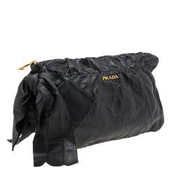 Pre Owned Prada Black Leather Antique Large Bow Zip Clutch