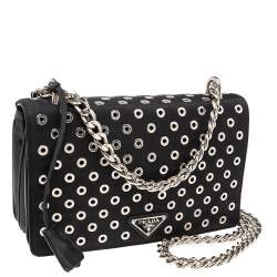 Pre Owned Prada Black Nylon and Leather Grommet Flap Chain Shoulder Bag