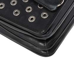 Pre Owned Prada Black Nylon and Leather Grommet Flap Chain Shoulder Bag