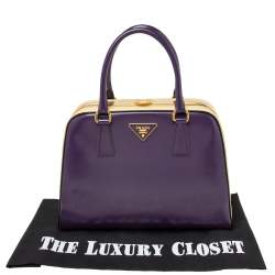 Pre Owned Prada Purple/Beige Patent Saffiano Leather Pyramid Frame Satchel
