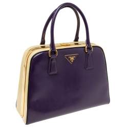 Pre Owned Prada Purple/Beige Patent Saffiano Leather Pyramid Frame Satchel
