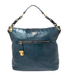 Pre Owned Prada Blue Vitello Shine Leather Tote