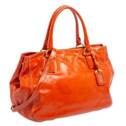 Pre Owned Prada Orange Patent Leather Large Shopping Tote