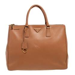 Pre Owned Prada Light Brown Saffiano Leather Large Galleria Double Zip Tote