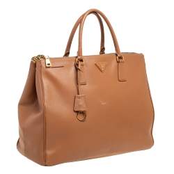 Pre Owned Prada Light Brown Saffiano Leather Large Galleria Double Zip Tote