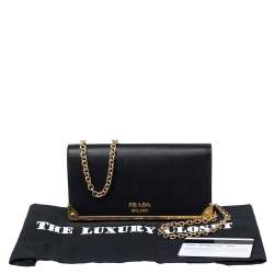Pre Owned Prada Black Saffiano Leather Cahier Wallet on Chain