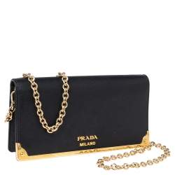 Pre Owned Prada Black Saffiano Leather Cahier Wallet on Chain