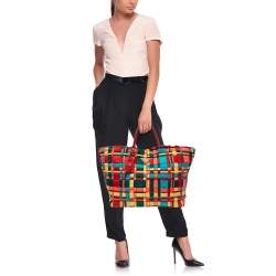 Pre Owned Prada Multicolor Woven Nylon and Leather Tote