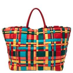 Pre Owned Prada Multicolor Woven Nylon and Leather Tote