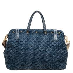 Pre Owned Prada Blue Woven Nylon, Suede and Crocodile Trim Frame Satchel