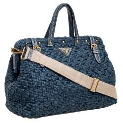 Pre Owned Prada Blue Woven Nylon, Suede and Crocodile Trim Frame Satchel