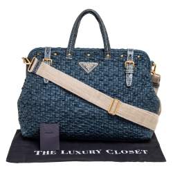 Pre Owned Prada Blue Woven Nylon, Suede and Crocodile Trim Frame Satchel