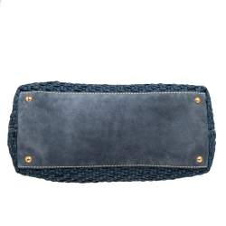 Pre Owned Prada Blue Woven Nylon, Suede and Crocodile Trim Frame Satchel