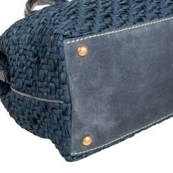 Pre Owned Prada Blue Woven Nylon, Suede and Crocodile Trim Frame Satchel