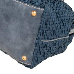 Pre Owned Prada Blue Woven Nylon, Suede and Crocodile Trim Frame Satchel