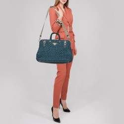 Pre Owned Prada Blue Woven Nylon, Suede and Crocodile Trim Frame Satchel