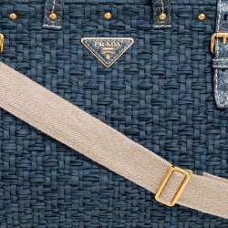 Pre Owned Prada Blue Woven Nylon, Suede and Crocodile Trim Frame Satchel