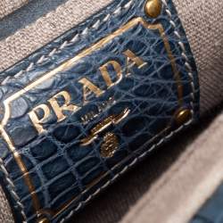 Pre Owned Prada Blue Woven Nylon, Suede and Crocodile Trim Frame Satchel