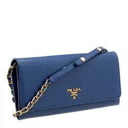 Pre Owned Prada Blue Vitello Move Leather Wallet on Chain