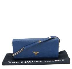 Pre Owned Prada Blue Vitello Move Leather Wallet on Chain