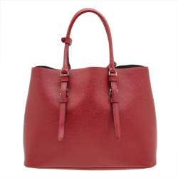 Pre Owned Prada Red Saffiano Cuir Leather Medium Double Handle Tote