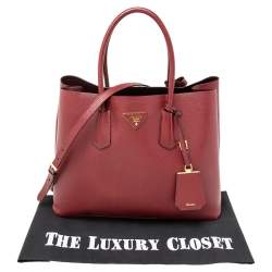 Pre Owned Prada Dark Red Saffiano Cuir Leather Large Double Handle Tote